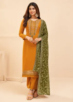 Multi Thread Mustard Yellow Georgette Party Wear Salwar Kameez