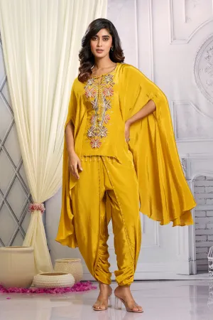 Mustard Embellished Chinon Silk Kaftan Set