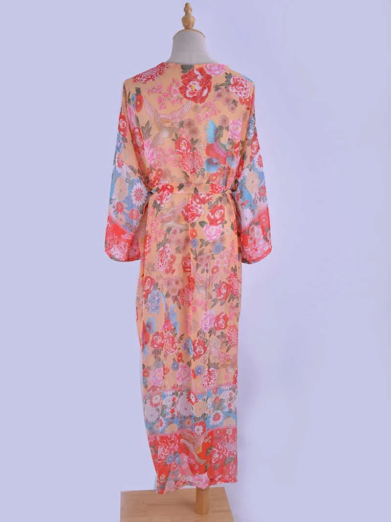 Nightwear Chiffon Floral Print Pink Color Long Length Gown Kimono Duster Robe