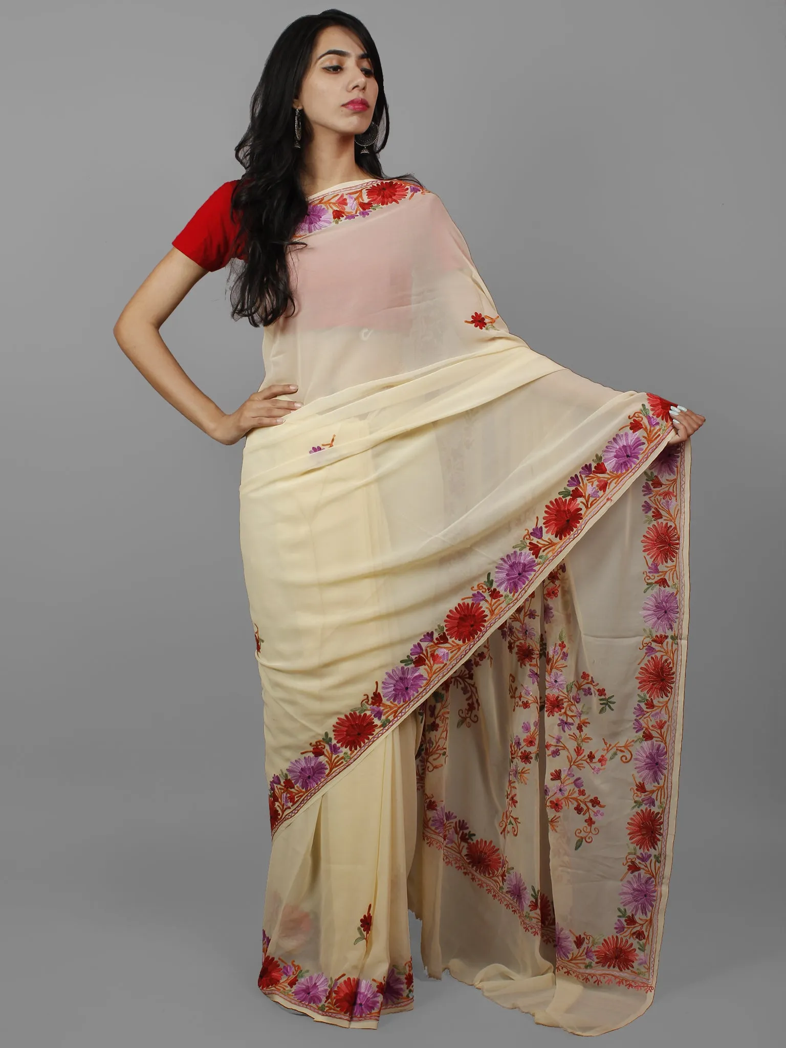 Off White Red Magenta Aari Embroidered Georgette Saree From Kashmir  - S031702140