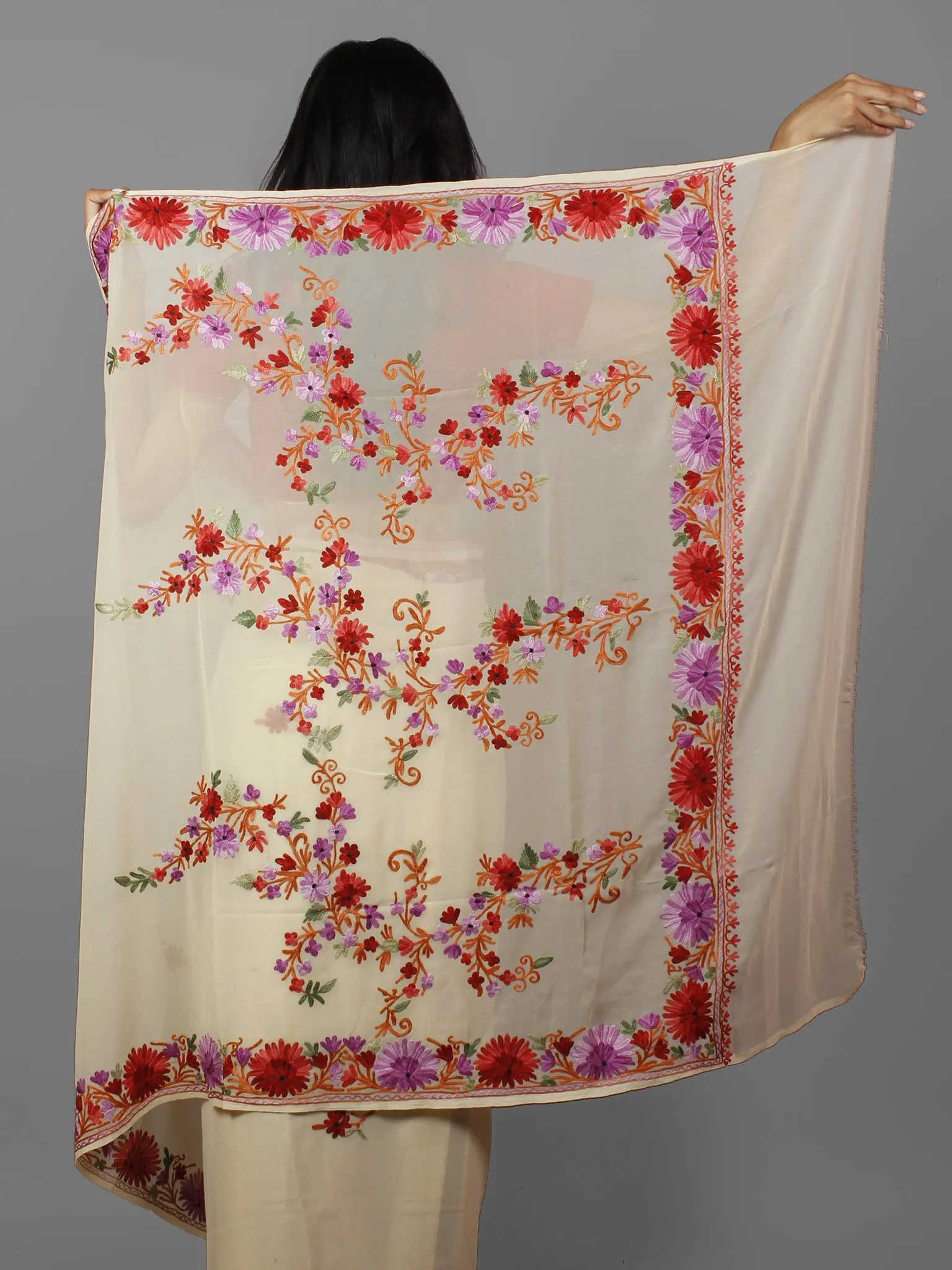 Off White Red Magenta Aari Embroidered Georgette Saree From Kashmir  - S031702140