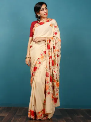 Off White Red Maroon Green Aari Embroidered Crepe Silk Saree From Kashmir - S031703071