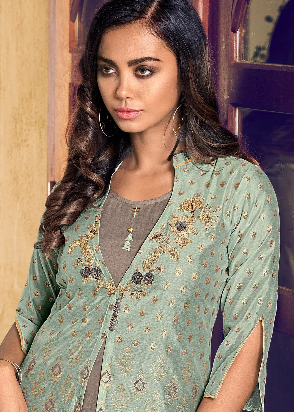 Palazzo Style Bluish Grey Embroidered Designer Suit