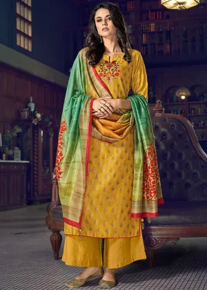 Palazzo Style Mustard Yellow Embroidered Designer Suit