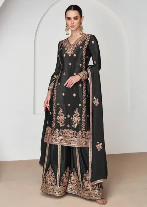 Palazzo Style Premium Chinnon Silk Black Festive Suit