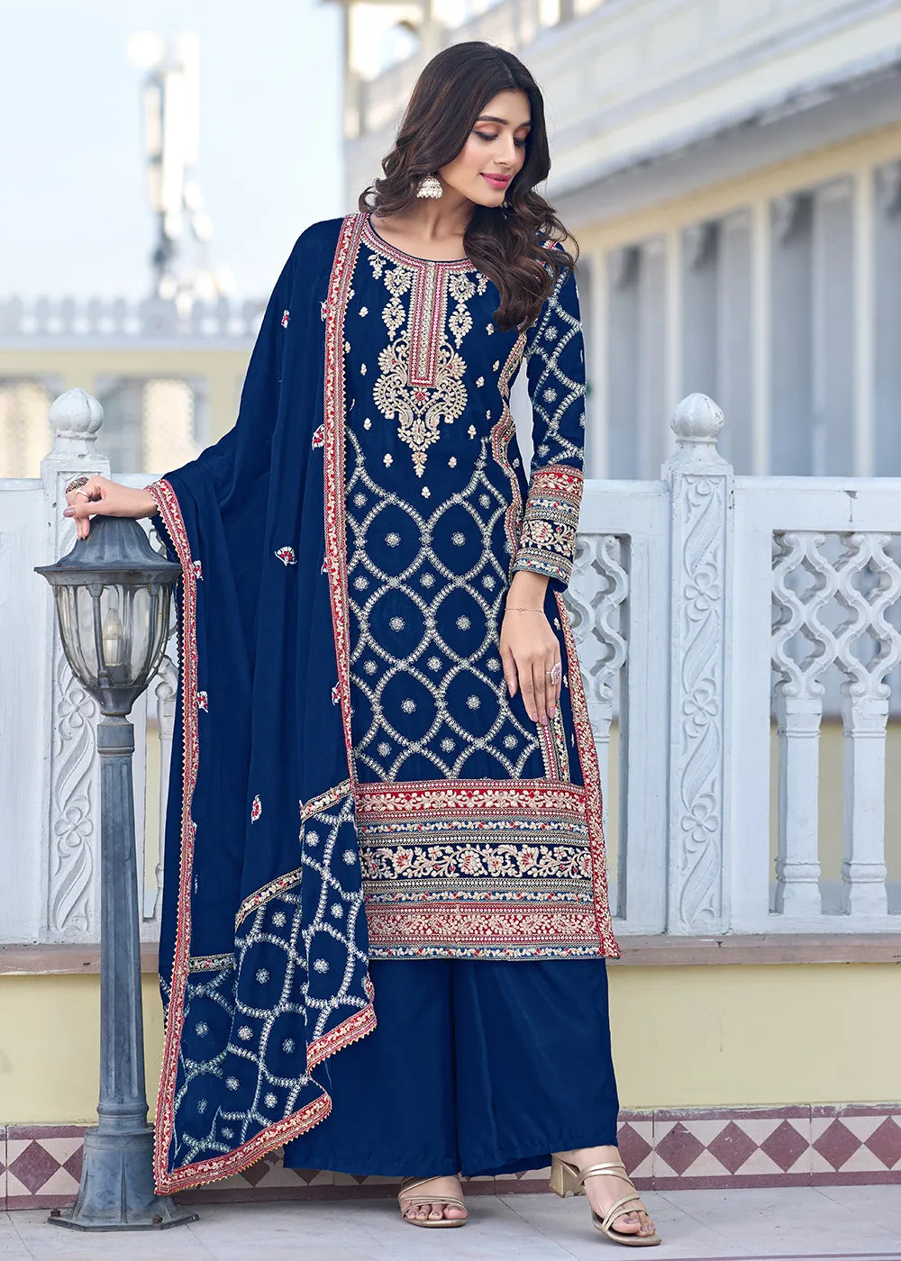 Palazzo Style Prussian Blue Chinnon Embroidered Salwar Suit