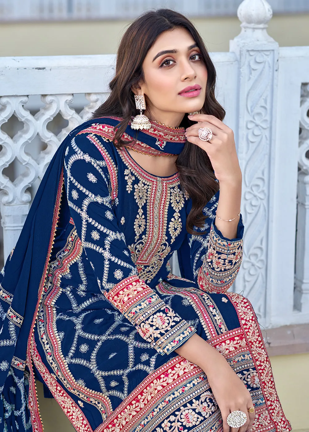 Palazzo Style Prussian Blue Chinnon Embroidered Salwar Suit