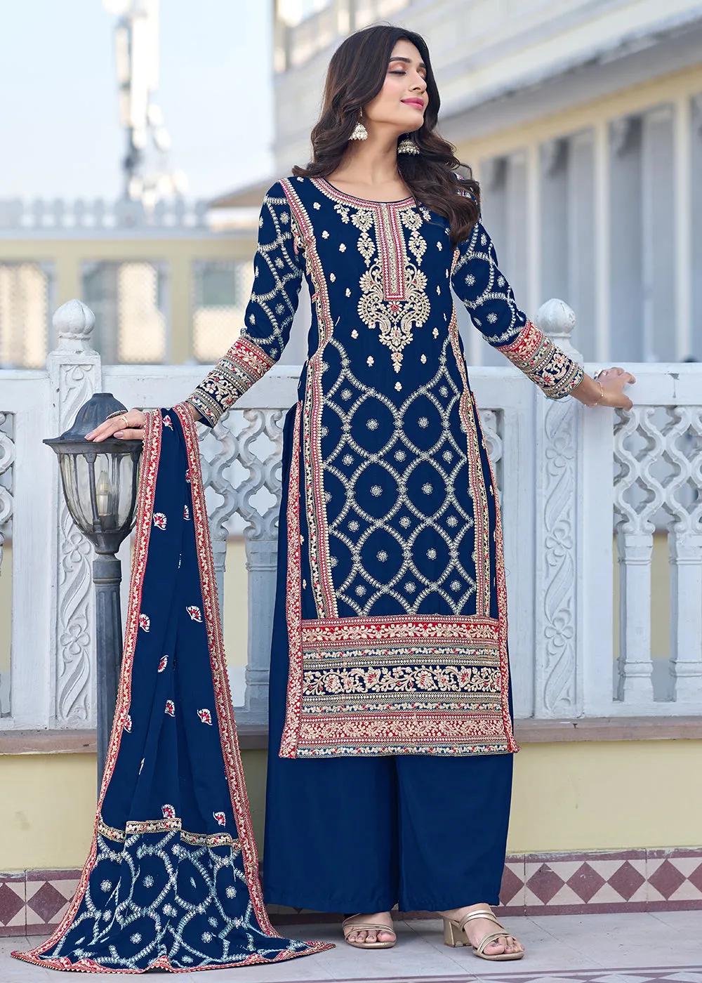 Palazzo Style Prussian Blue Chinnon Embroidered Salwar Suit