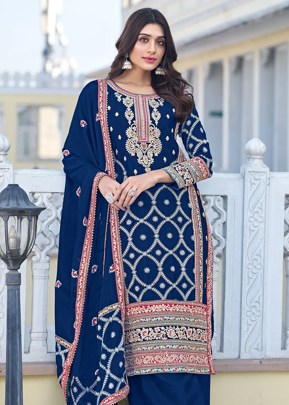 Palazzo Style Prussian Blue Chinnon Embroidered Salwar Suit