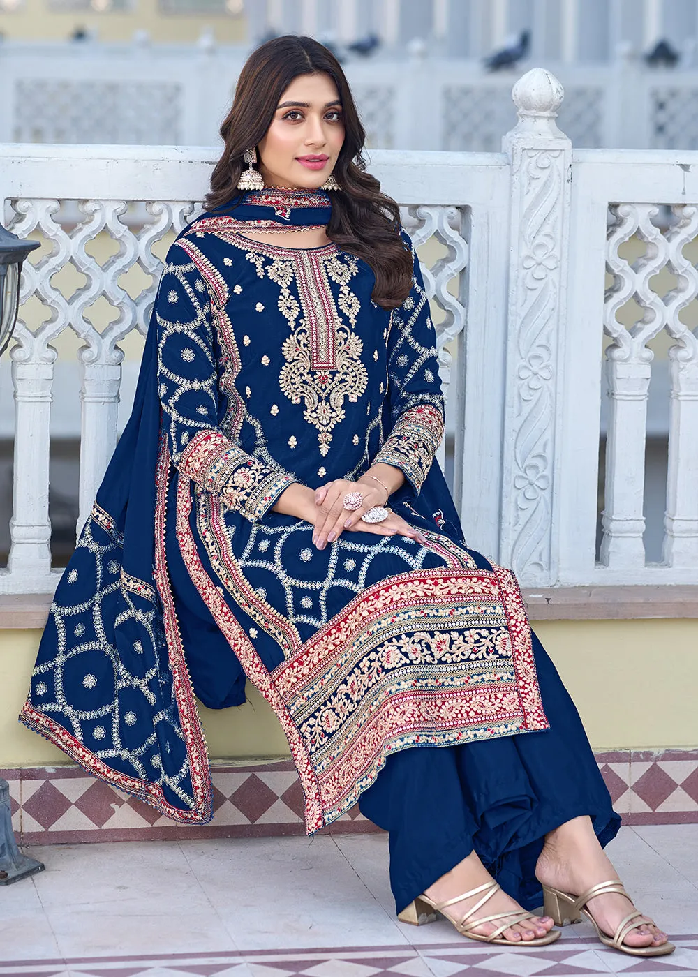 Palazzo Style Prussian Blue Chinnon Embroidered Salwar Suit