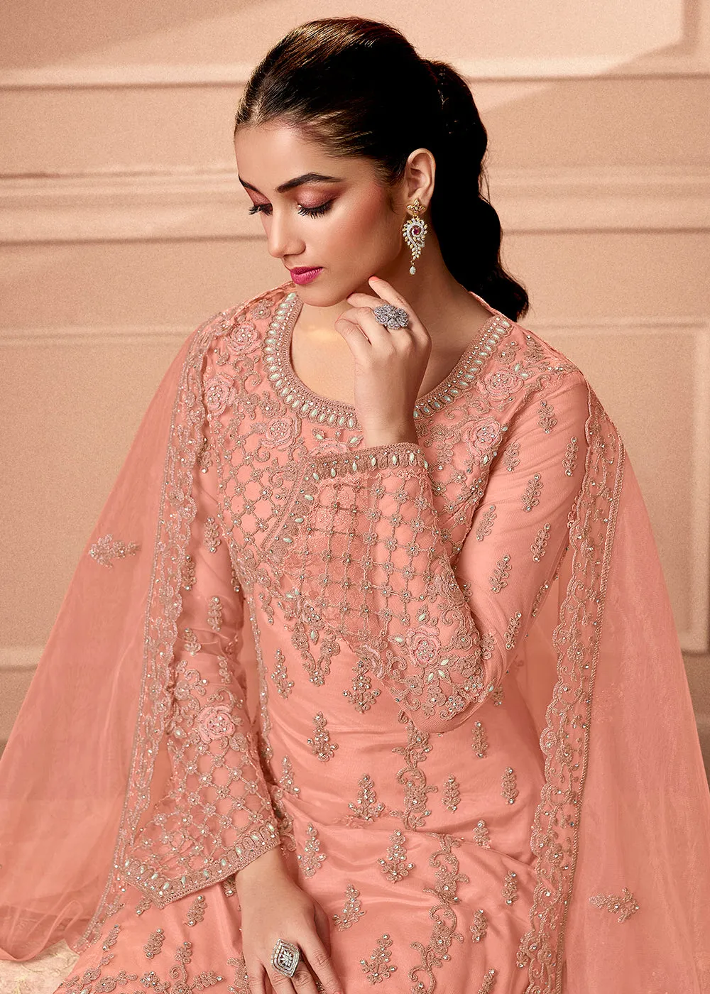 Pant Style Appealing Peach Embroidered Wedding Salwar Suit