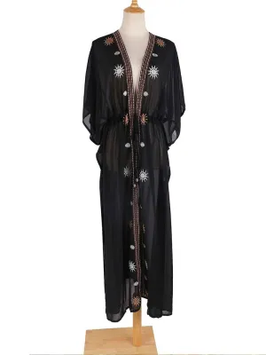 Partywear Embroidered Black Color Chiffon Long Length Gown Kimono Duster Robe