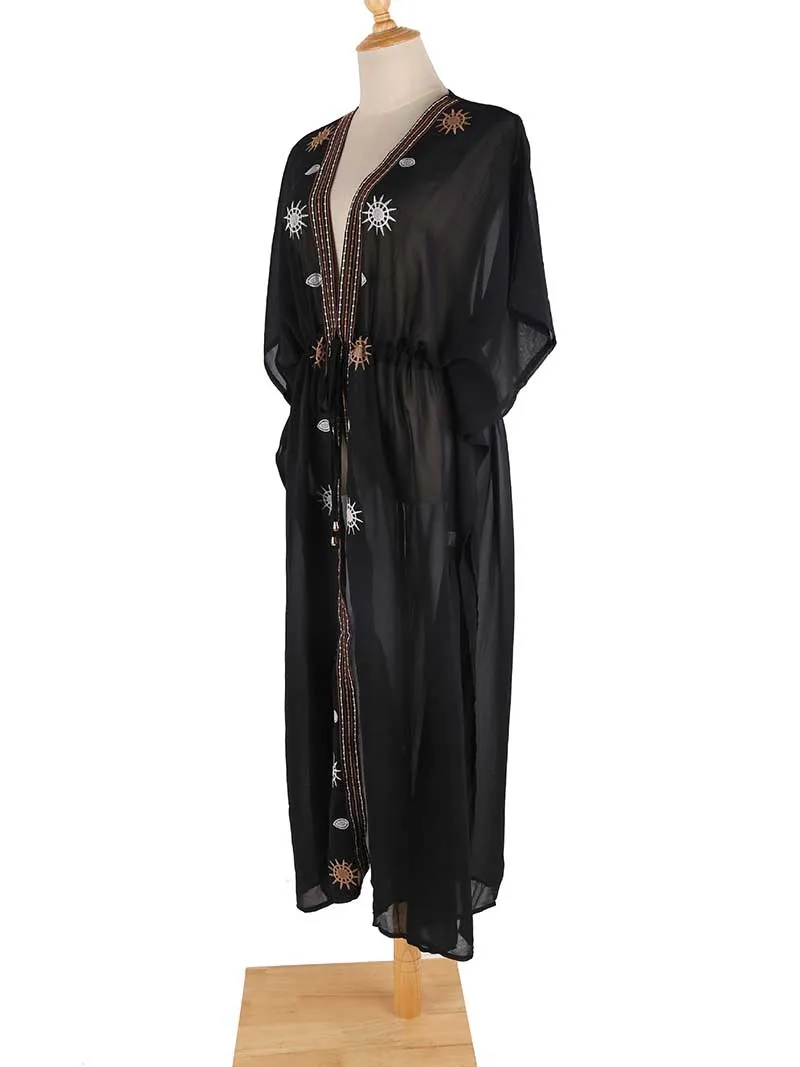 Partywear Embroidered Black Color Chiffon Long Length Gown Kimono Duster Robe