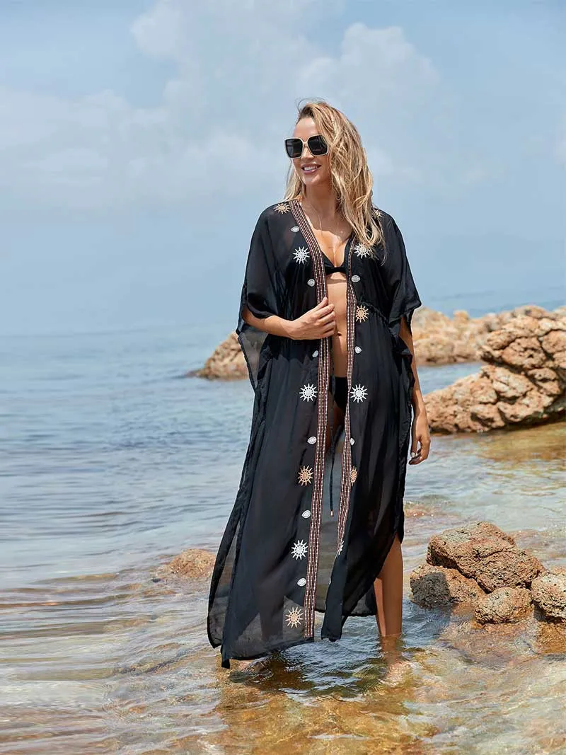 Partywear Embroidered Black Color Chiffon Long Length Gown Kimono Duster Robe