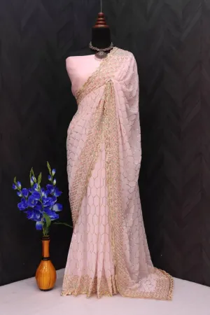 Pastel Pink Faux Georgette Embroidery Saree