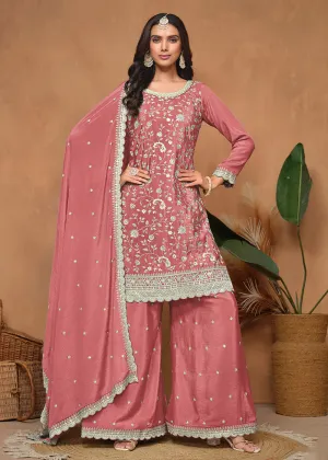 Peach Chinnon Resham & Sequins Embroidered Palazzo Suit