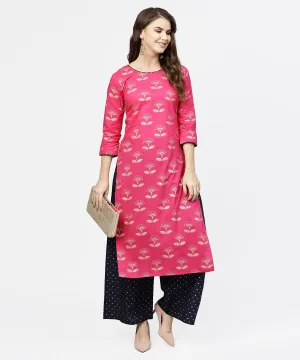 Pink 3/4th sleeve cotton printed kurta with black printed ankle length pallazo