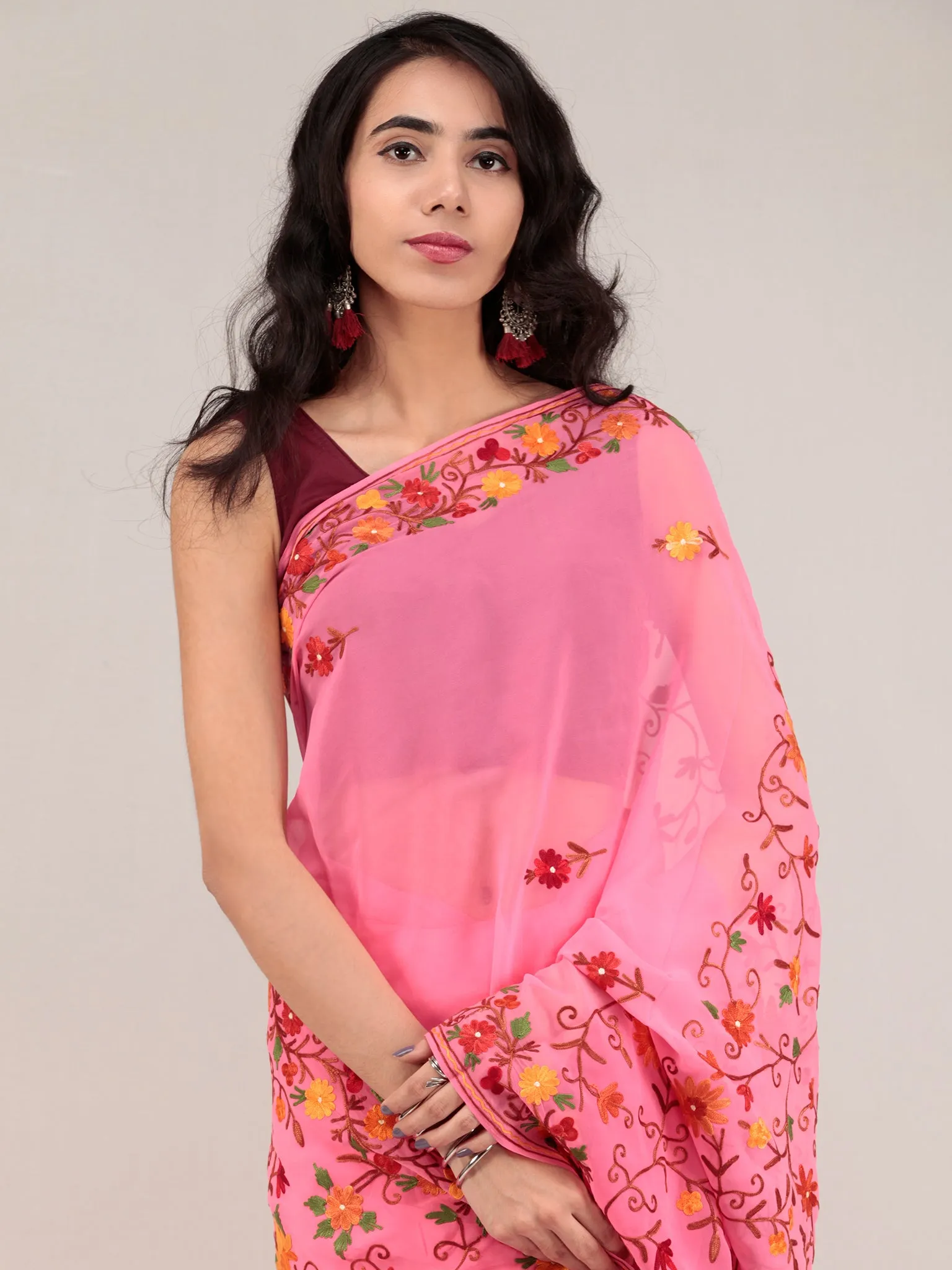 Pink Aari Embroidered Georgette Saree From Kashmir  - S031704622