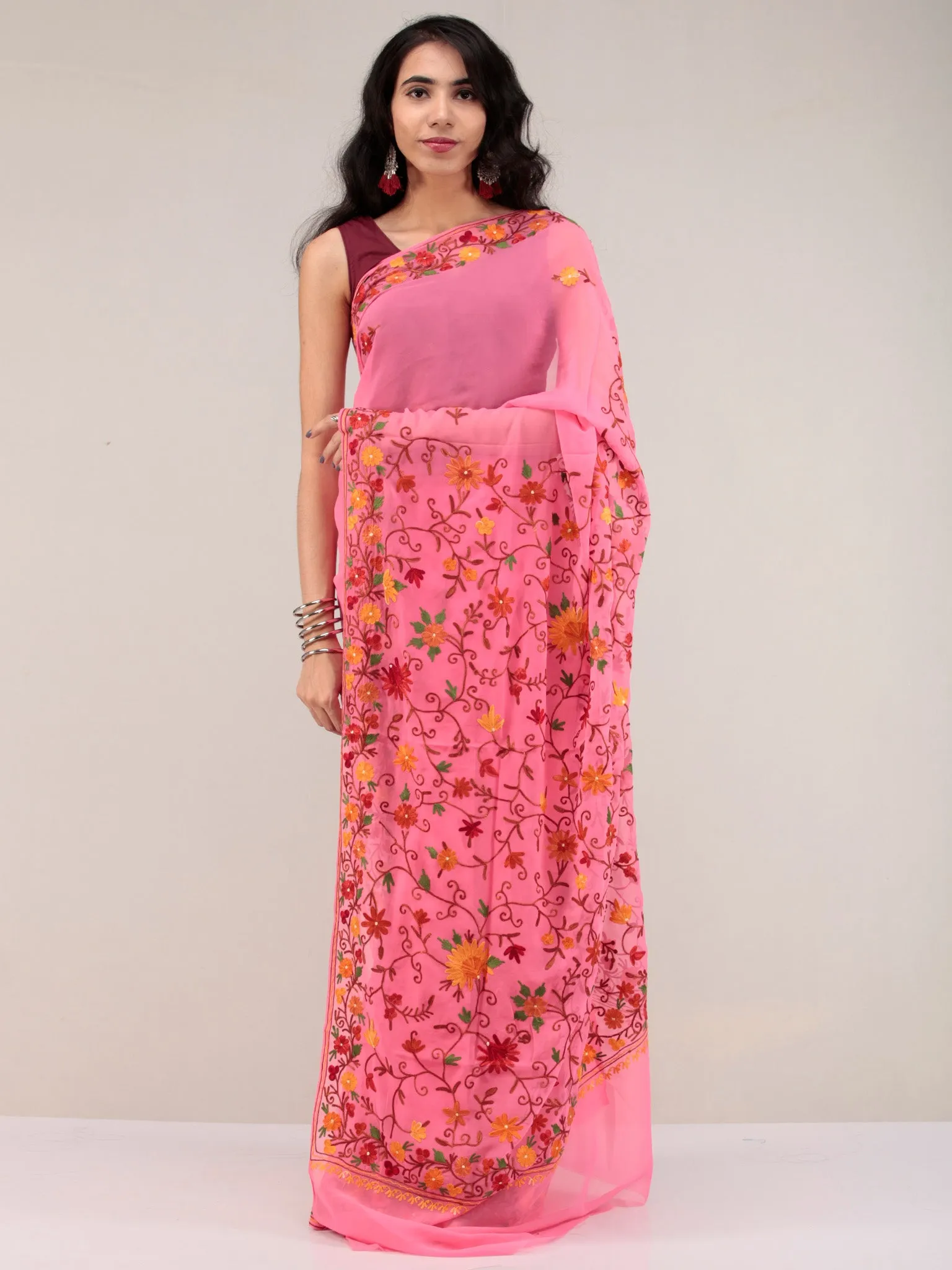 Pink Aari Embroidered Georgette Saree From Kashmir  - S031704622