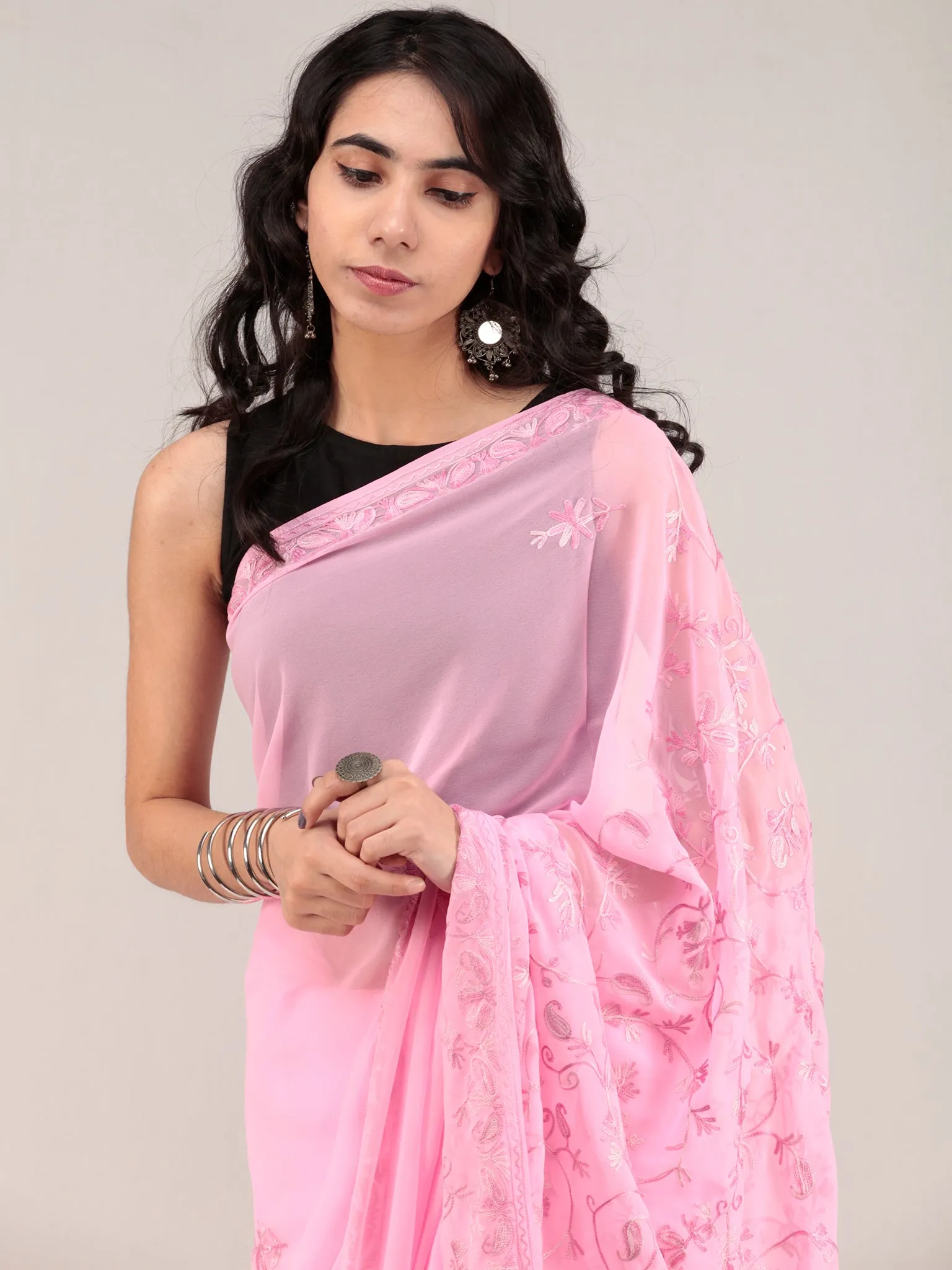 Pink Aari Embroidered Georgette Saree From Kashmir - S031704656