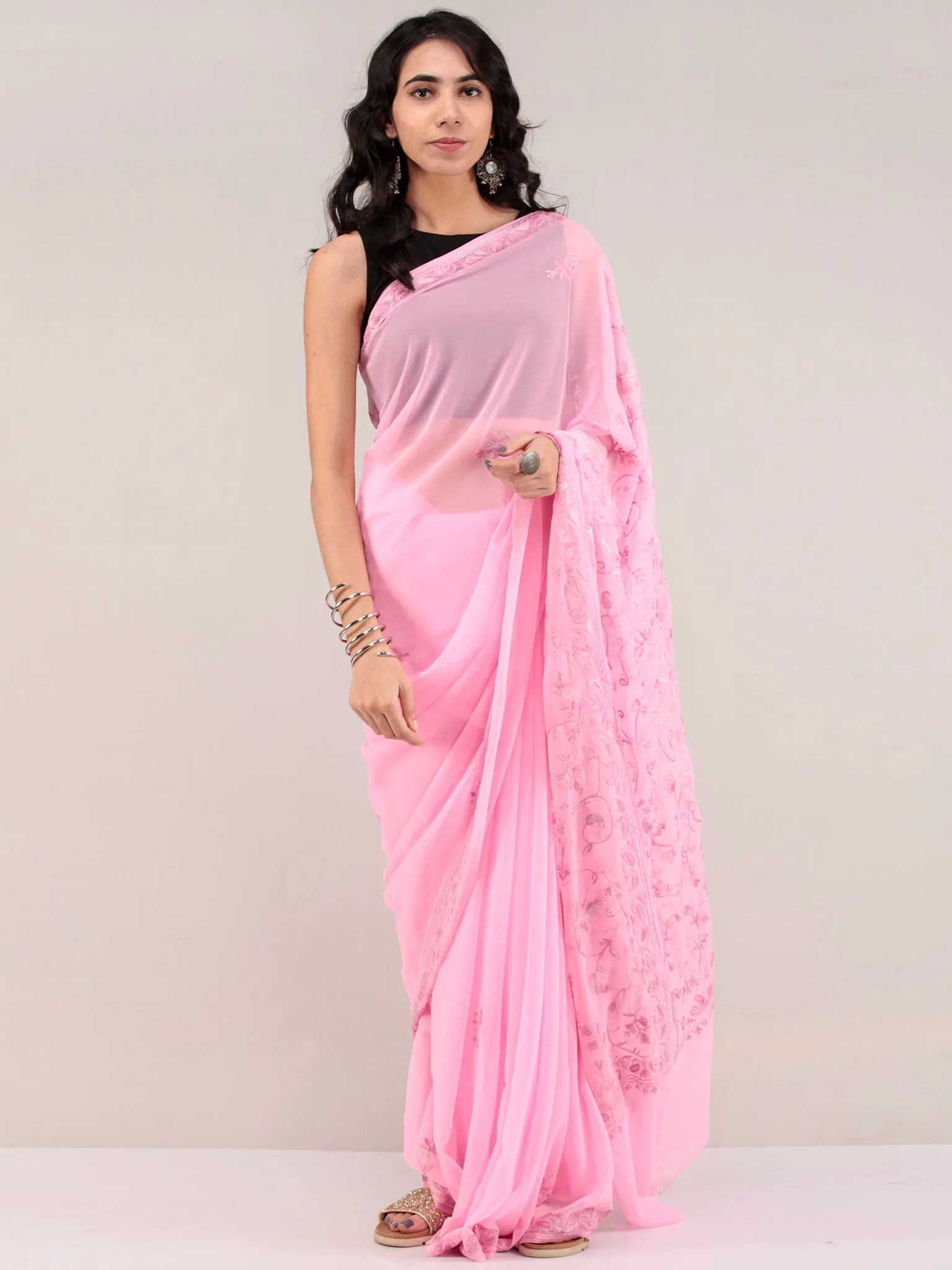 Pink Aari Embroidered Georgette Saree From Kashmir - S031704656