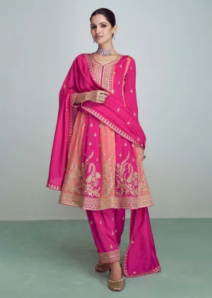 Pink & Peach Silk Embroidered Peplum Punjabi Style Suit