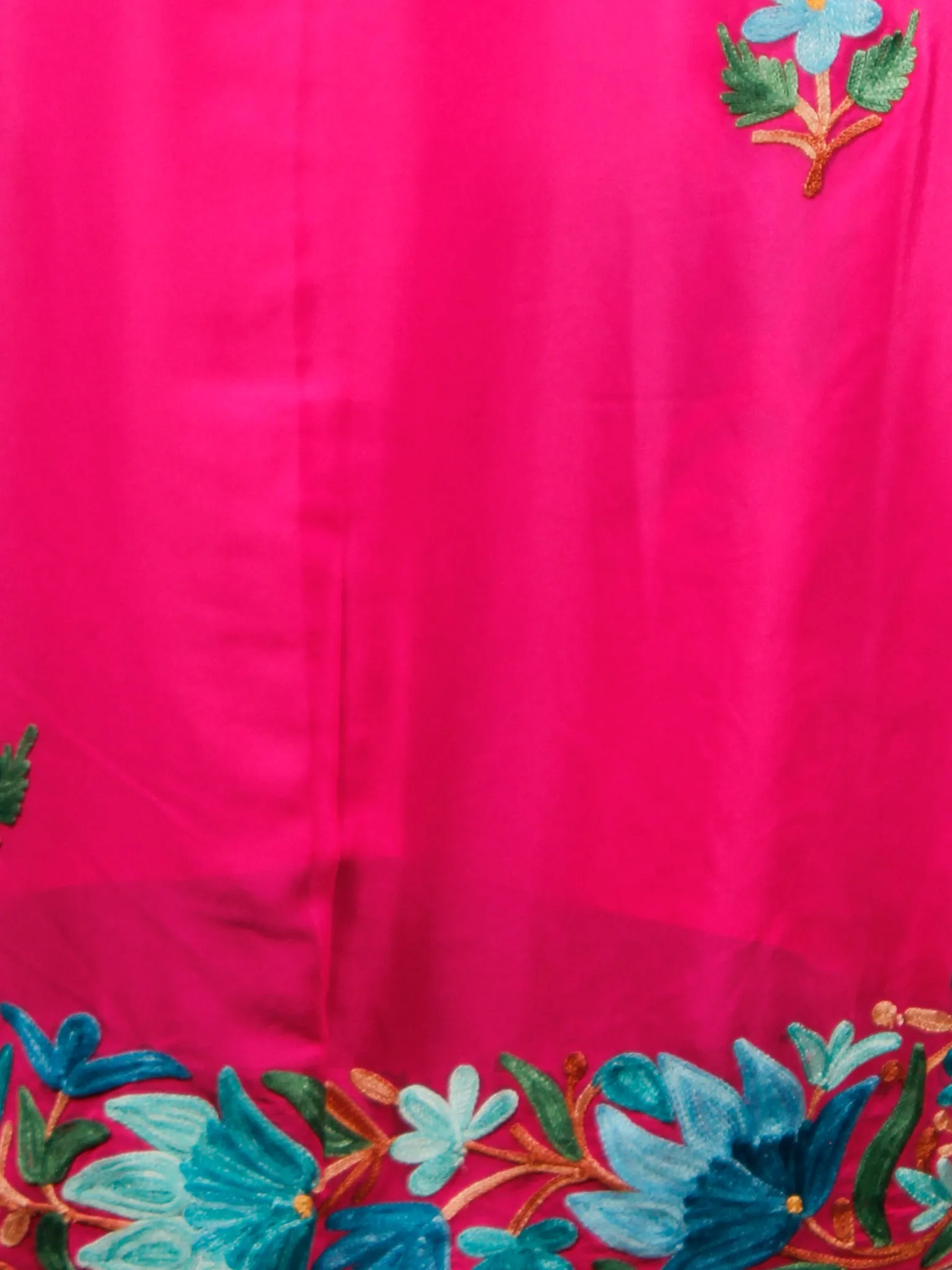 Pink Blue Green Aari Embroidered Crepe Silk Saree From Kashmir - S031703077