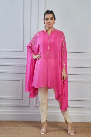 Pink Embellished Crepe Silk Kaftan Dhoti Set