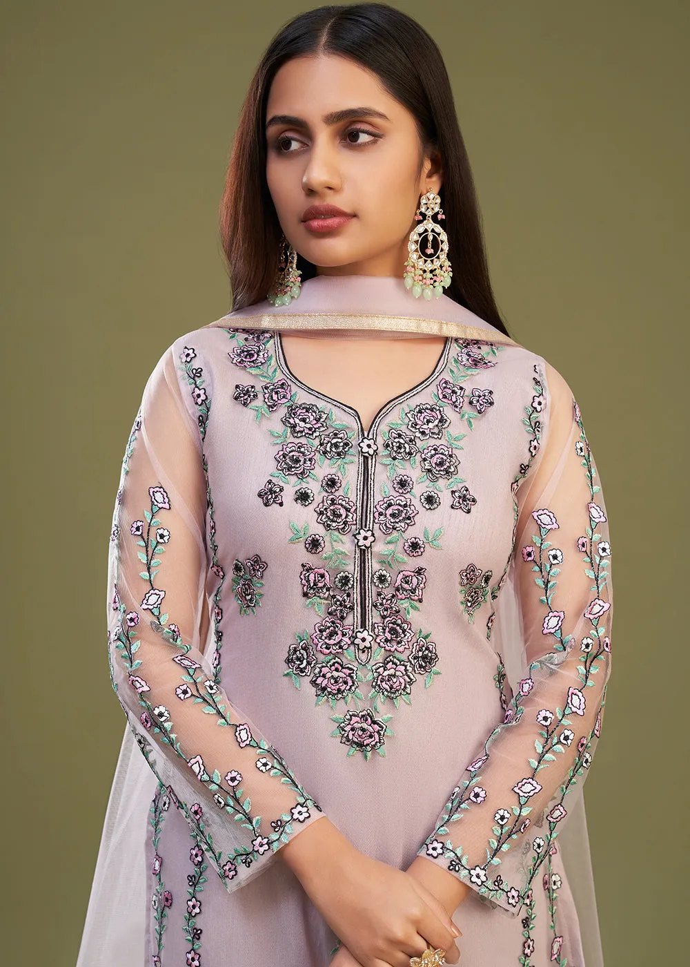 Pink Multi Thread Embroidered Net Salwar Suit