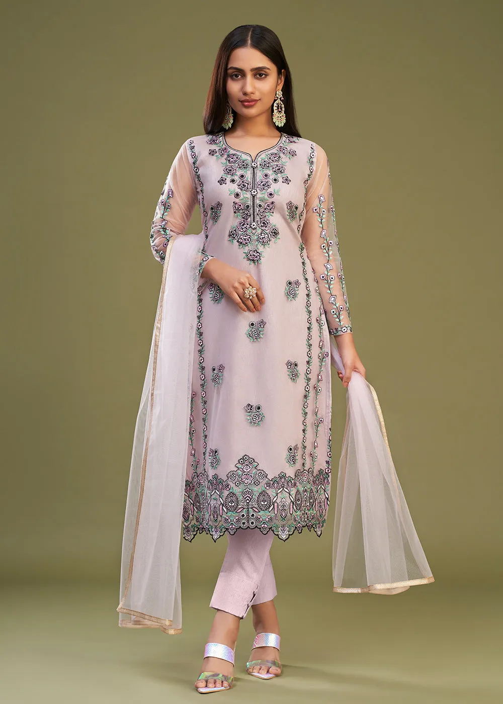 Pink Multi Thread Embroidered Net Salwar Suit