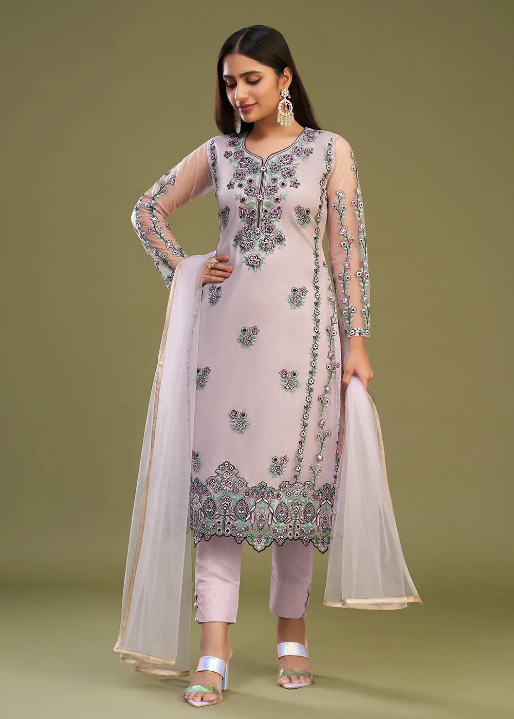 Pink Multi Thread Embroidered Net Salwar Suit