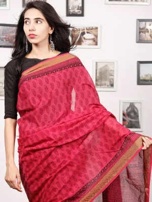 Pink Rust Black Bagh Printed Maheshwari Cotton Saree - S031703326