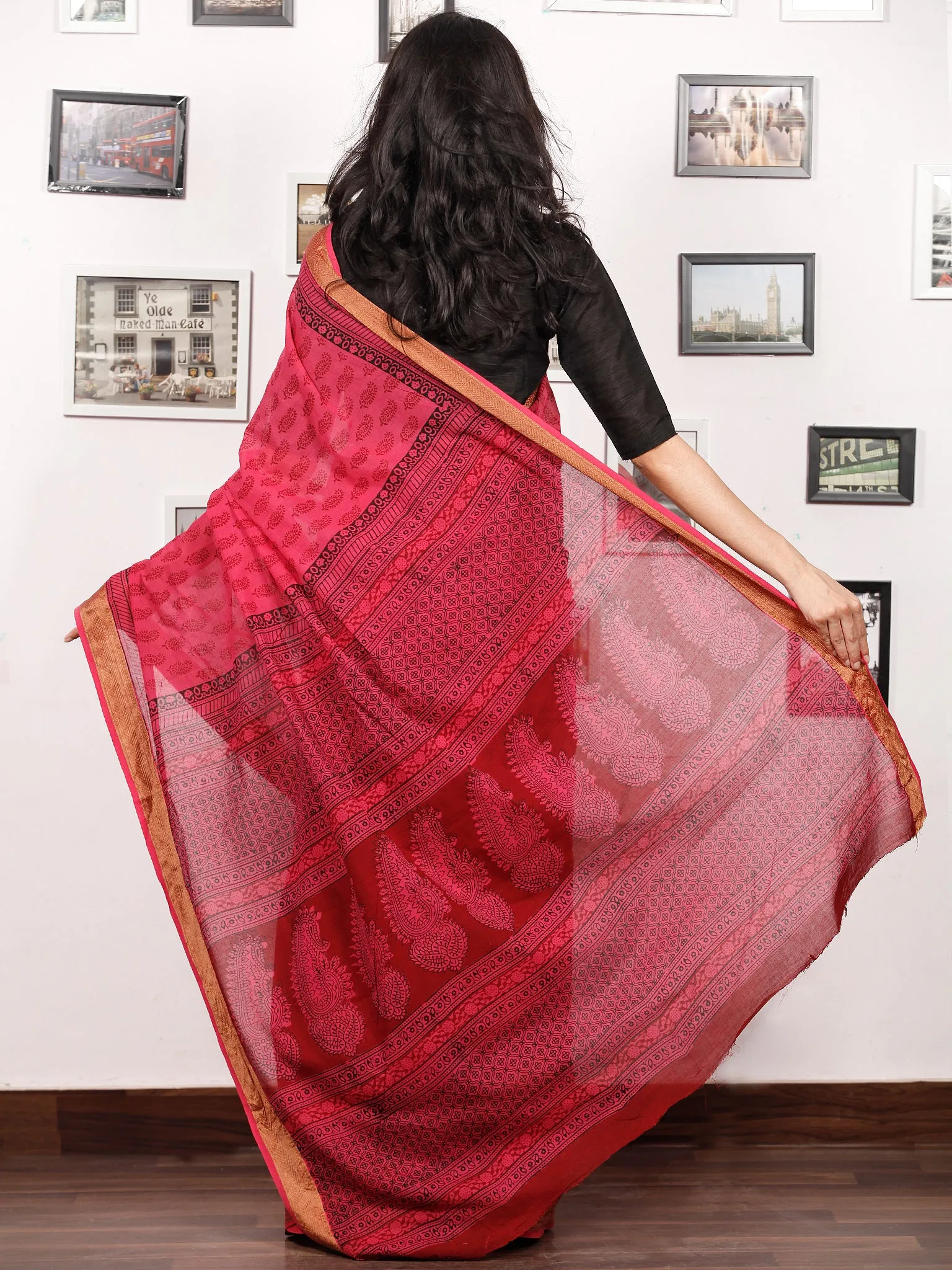 Pink Rust Black Bagh Printed Maheshwari Cotton Saree - S031703326