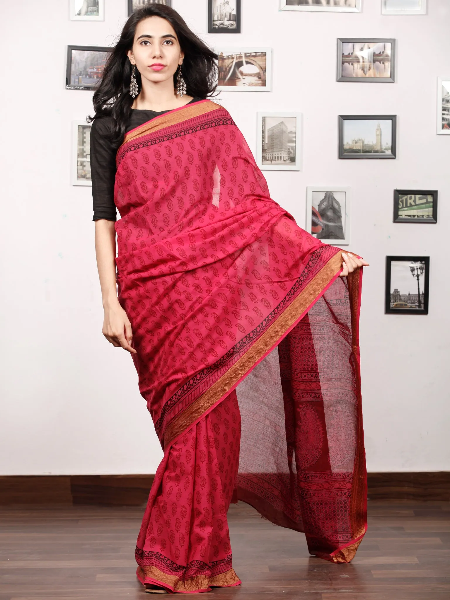 Pink Rust Black Bagh Printed Maheshwari Cotton Saree - S031703326