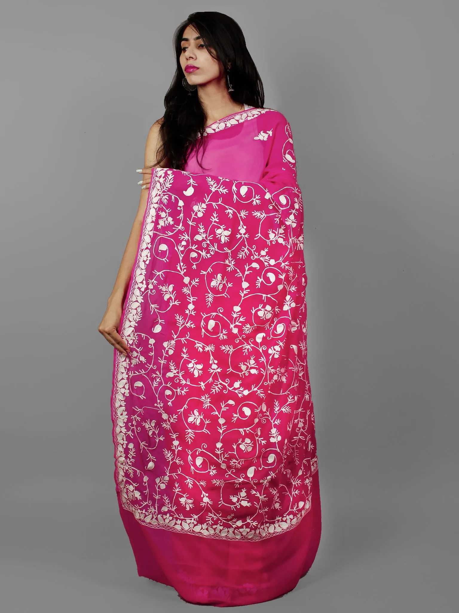 Pink White Aari Embroidered Chiffon Saree From Kashmir  - S031702134