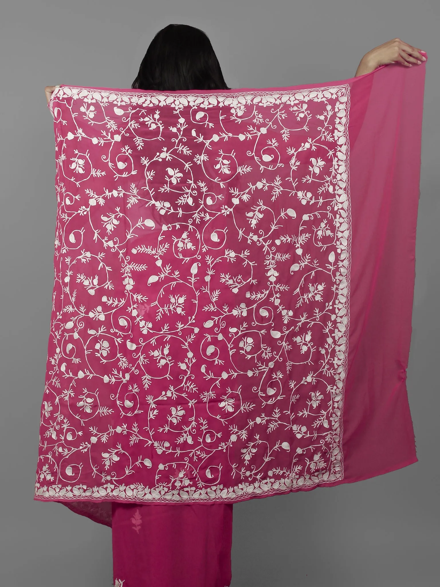 Pink White Aari Embroidered Chiffon Saree From Kashmir  - S031702134