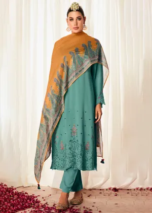 Pleasing Turquoise Suzani Inspired Embroidered Ethnic Salwar Suit