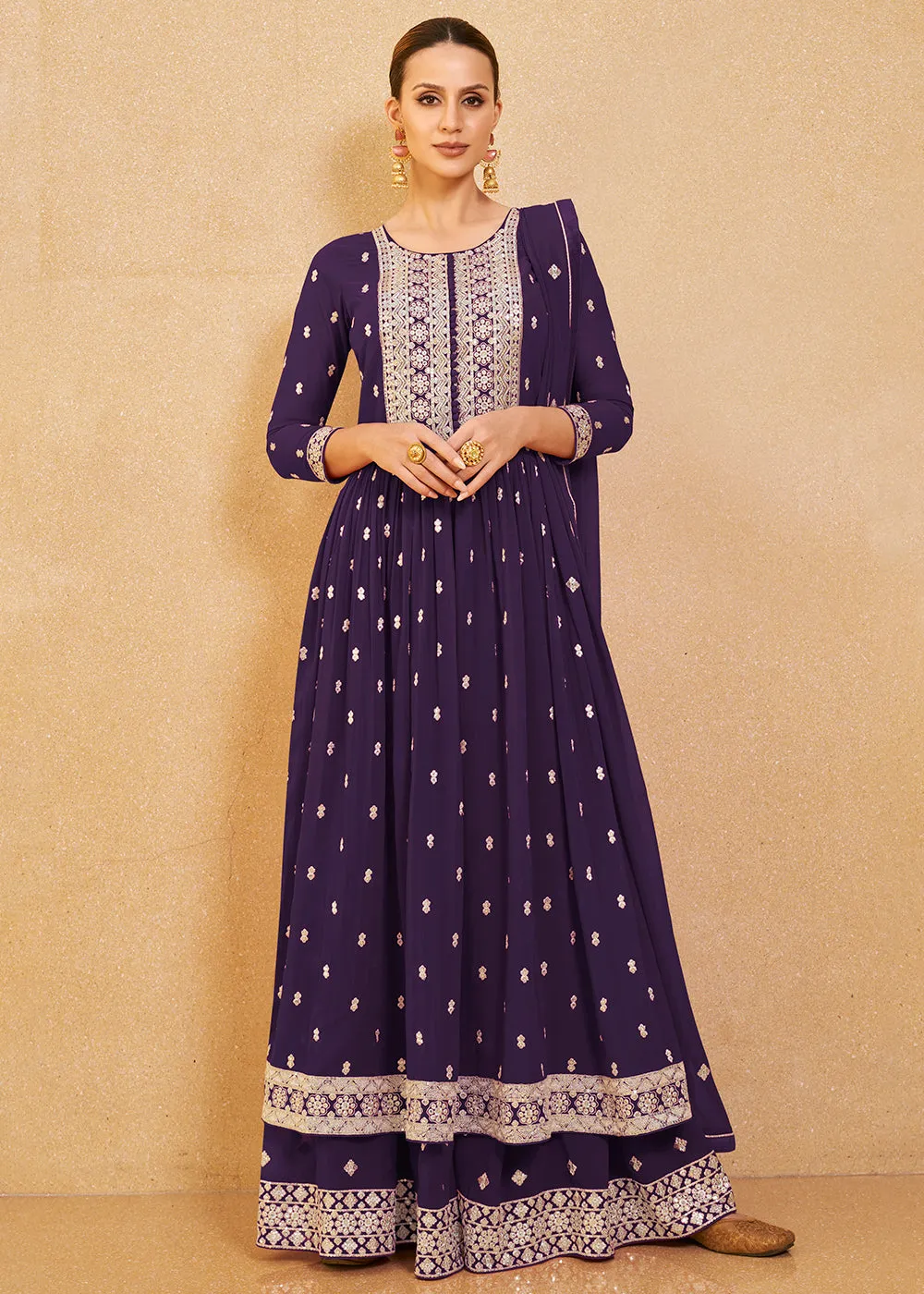 Pretty Purple Real Georgette Palazzo Style Salwar Suit