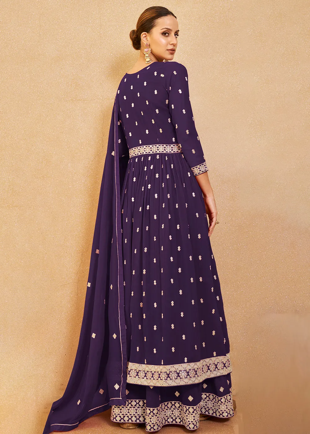 Pretty Purple Real Georgette Palazzo Style Salwar Suit