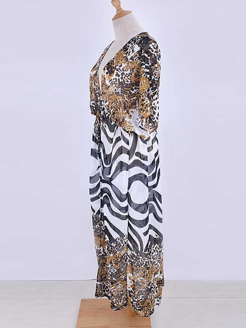 Printed Multicolor Chiffon Long Length Gown Kimono Duster Robe