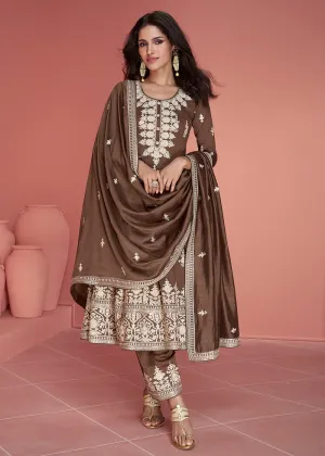 Punjabi Style Silk Embroidered Salwar Suit in Brown