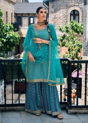 Punjabi Style Turquoise Embroidered Designer Palazzo Suit