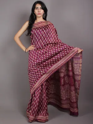 Purple Beige Pink Hand Block Bagru Printed in Natural Vegetable Colors Chanderi Saree - S03170554