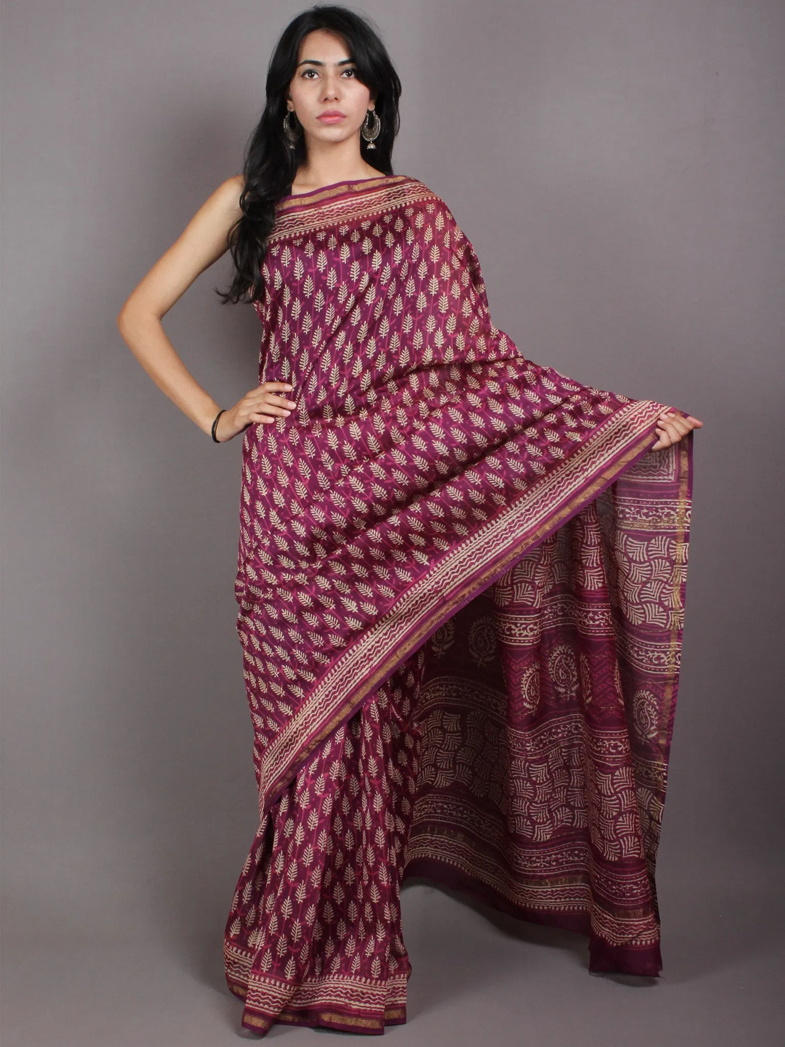 Purple Beige Pink Hand Block Bagru Printed in Natural Vegetable Colors Chanderi Saree - S03170554