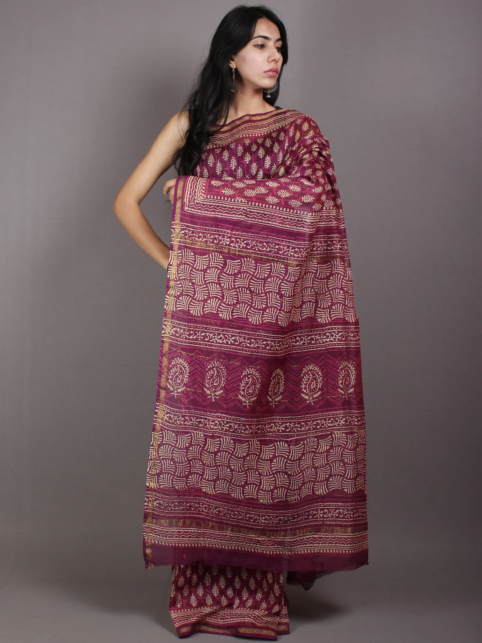 Purple Beige Pink Hand Block Bagru Printed in Natural Vegetable Colors Chanderi Saree - S03170554