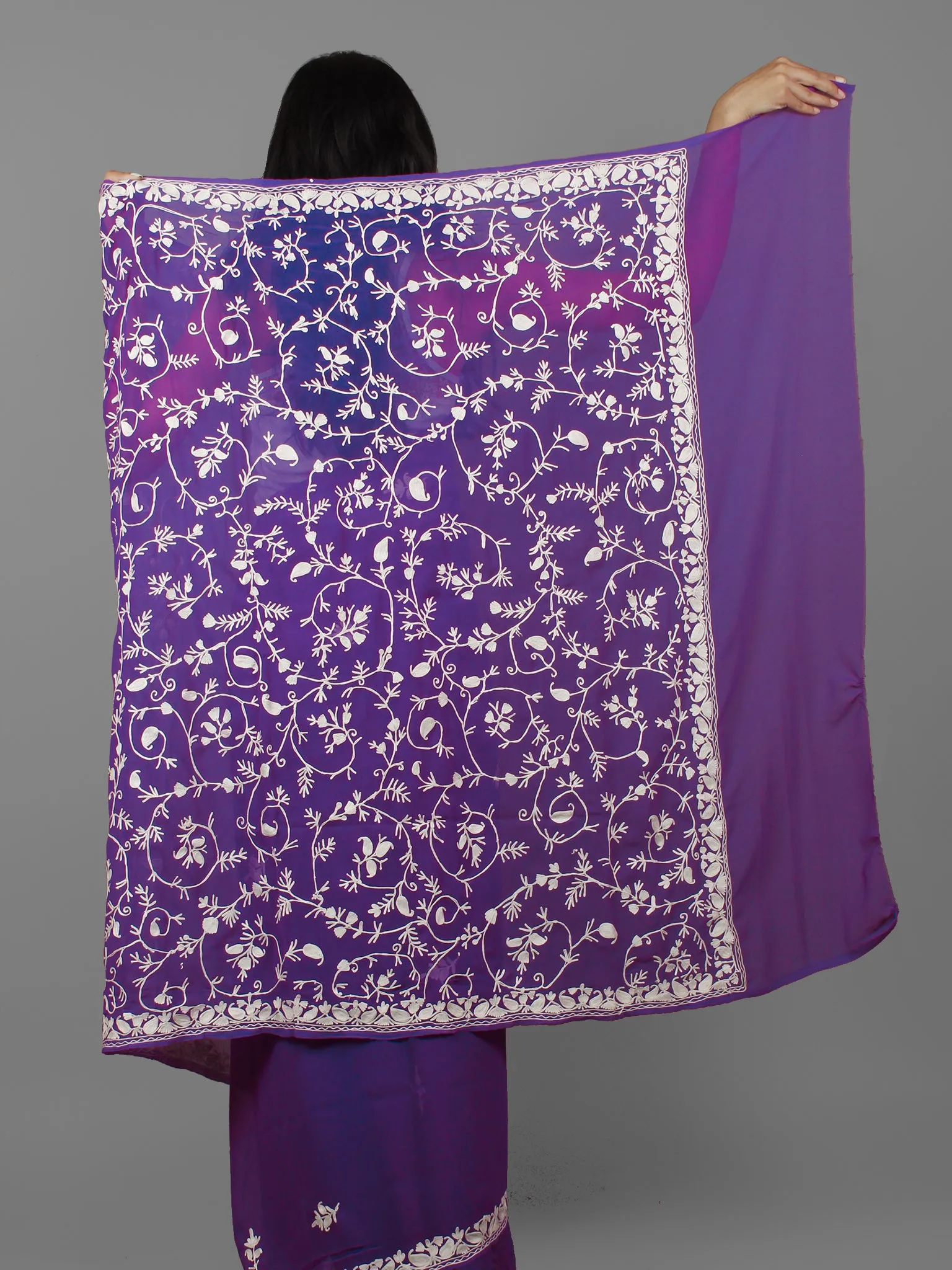 Purple Ivory Aari Embroidered Chiffon Saree From Kashmir  - S031702132