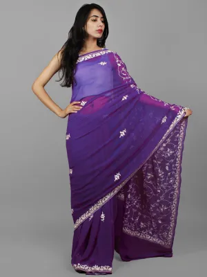 Purple Ivory Aari Embroidered Chiffon Saree From Kashmir  - S031702132