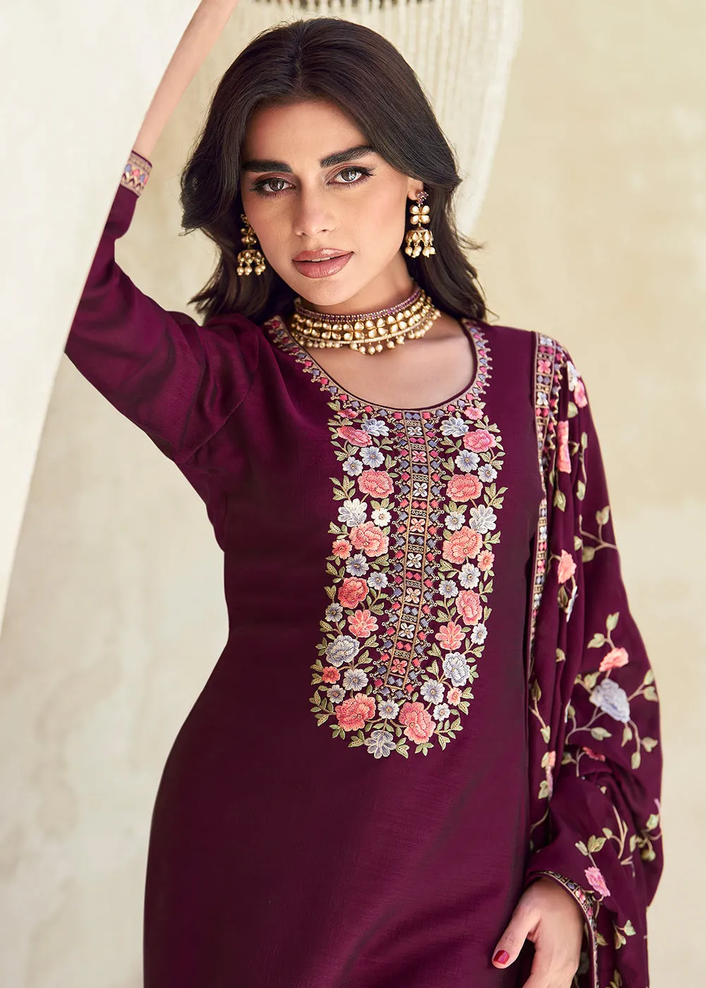 Purple Premium Silk Thread Embroidered Trendy Salwar Suit