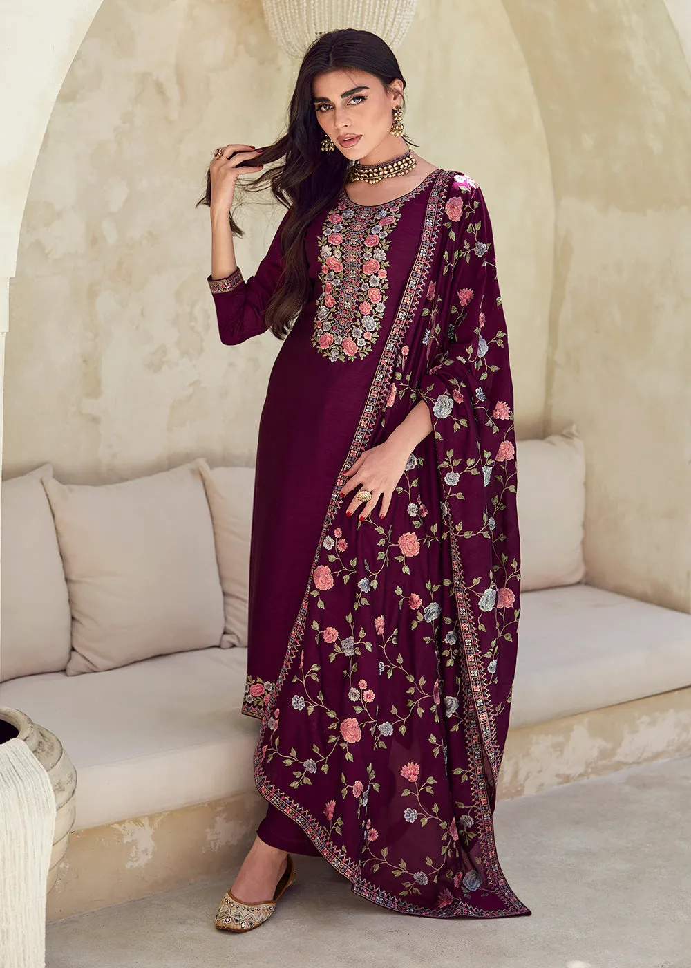 Purple Premium Silk Thread Embroidered Trendy Salwar Suit