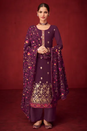 Purple Sequins & Thread Embroidered Georgette Salwar Suit